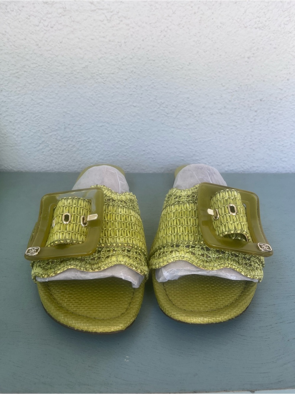 Sam Edelman Green Woven Slide Sandals with Decorative Buckle, Shoe Box included - Picture 2 of 8